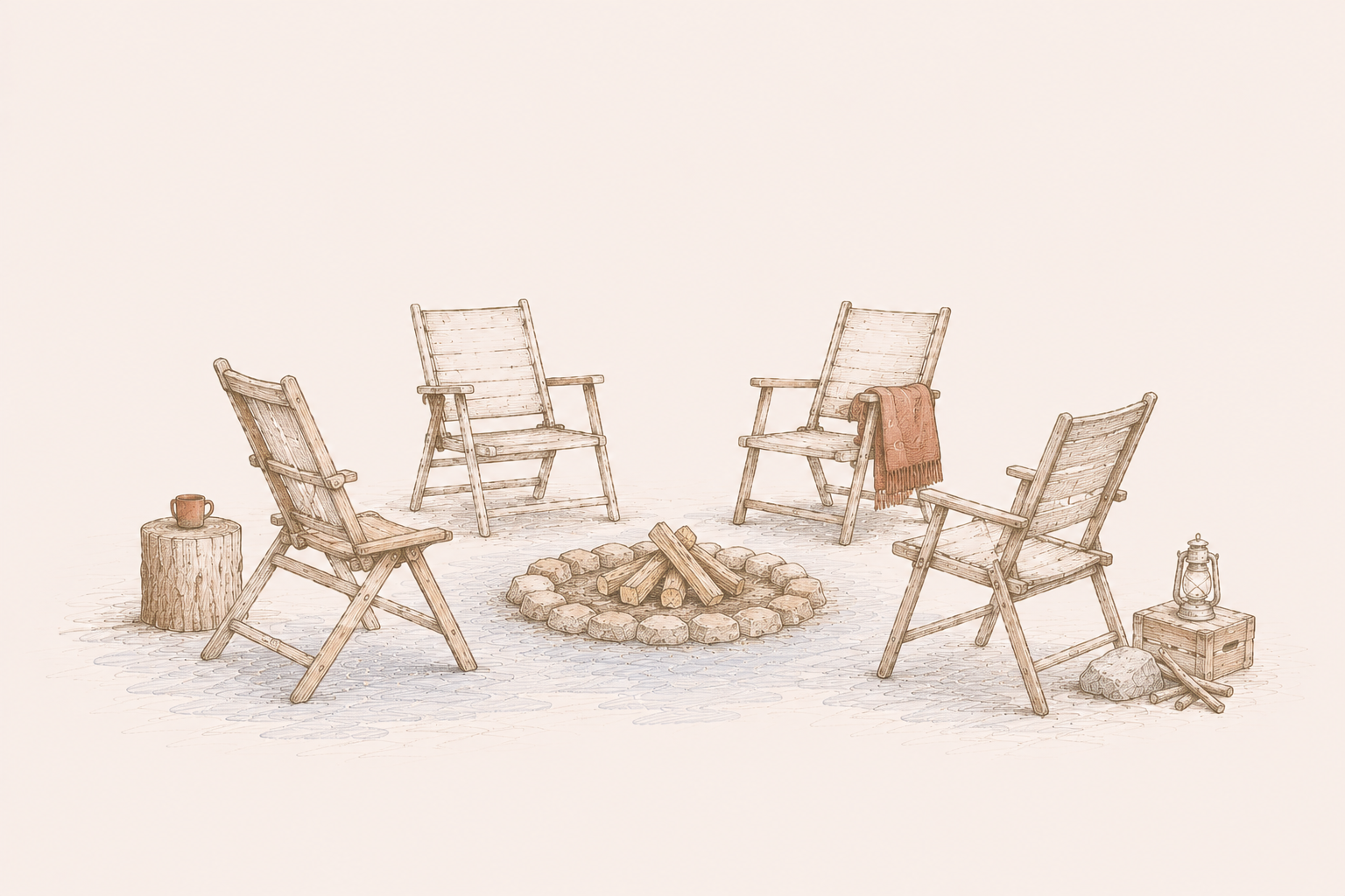 Sepia illustration of friends gathered around a campfire